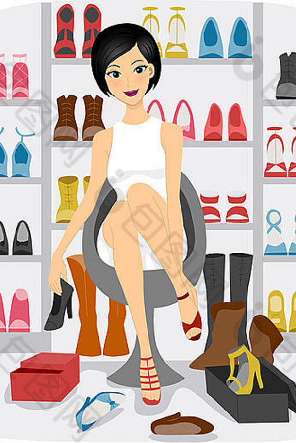 女孩在鞋柜或鞋店试穿鞋子的插图
