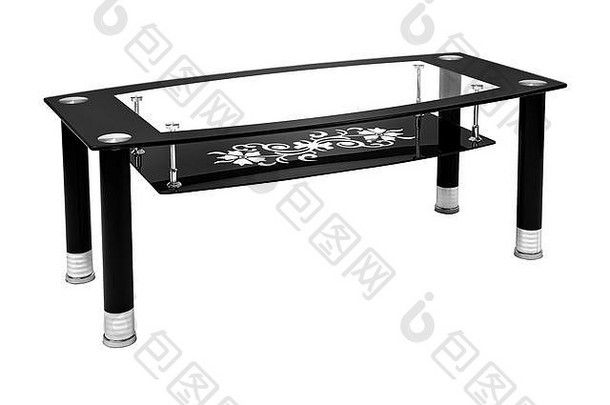 黑色玻璃和铝铬咖啡桌。客厅的现代桌子，带花卉设计，白色背景上隔离，包括裁剪路径