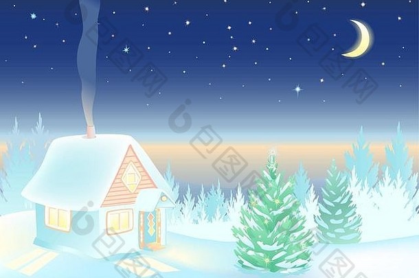 有房子和森林的冬季夜景。