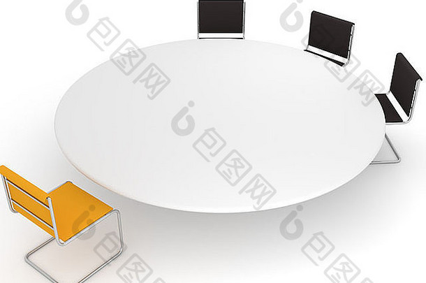 白色背景下，白色桌子周围的椅子相互隔离