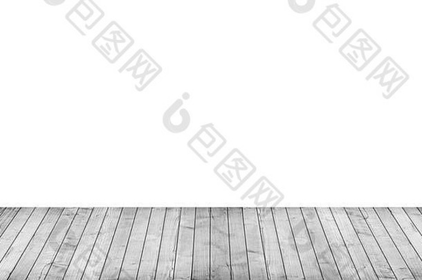 空的灰色木制桌面，白色背景上的垂直木板