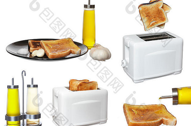 早餐照片拼贴画，用橄榄油、盐和大蒜烤面包。在白色背景上隔离
