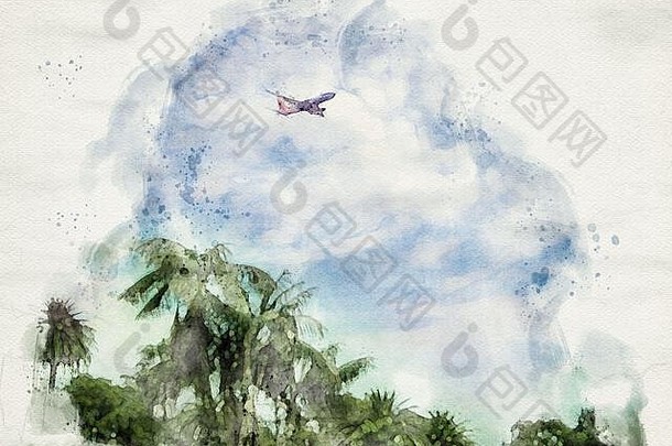 在棕榈树景观上方的蓝天上飞行的客机的水彩画图像。