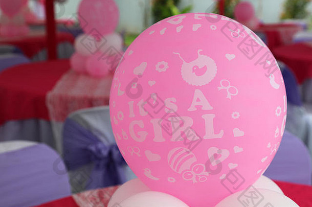 女孩的聚会，派对装饰白色粉红色的气球表单词女孩