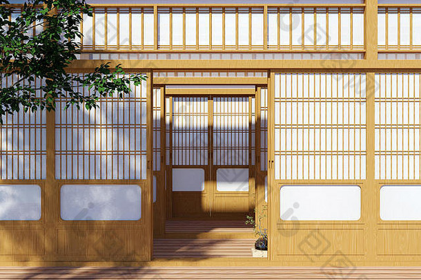 木传统的日本shoji通过日本传统的建筑外呈现