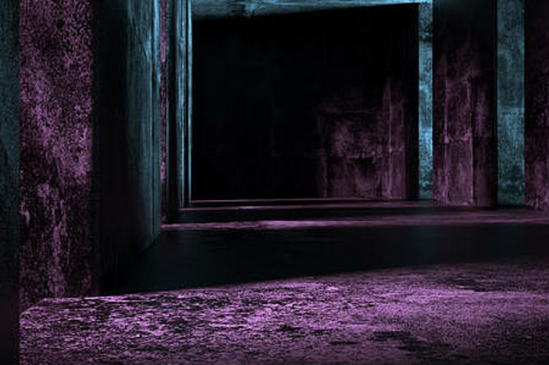 黑色空旷的长科幻垃圾混凝土隧道走廊，带紫色和蓝色灯光，黑色末端空旷空间，用于文本背景3D渲染Illustra