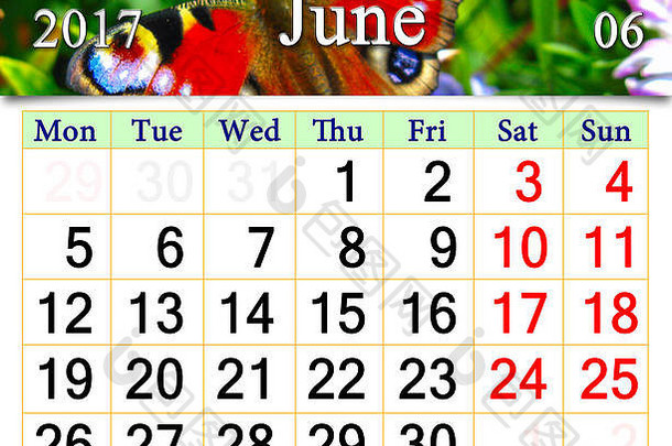 美丽的日历6月图像蝴蝶孔雀眼睛