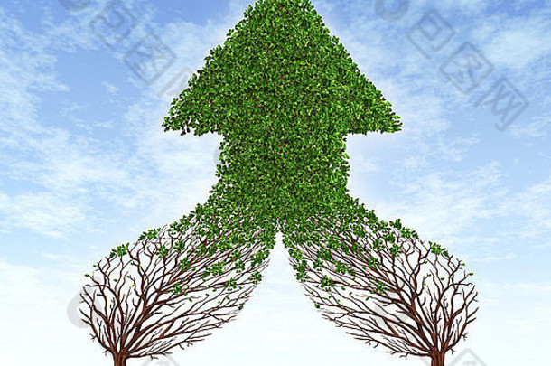 将商业符号和金融合并概念作为两棵树，连接并合并为一棵树，形成健康成长的箭头形树，作为团队合作成功的标志。
