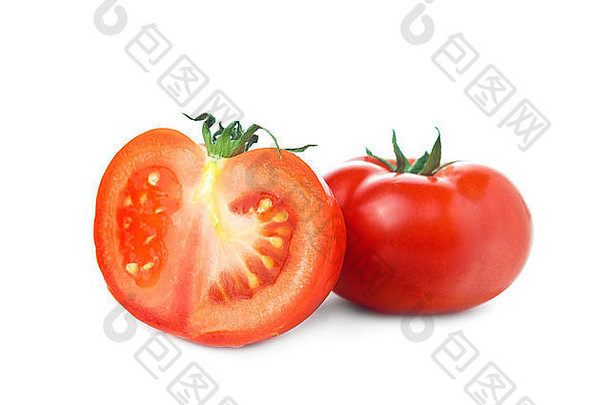 新鲜的红色<strong>番茄</strong>和半片<strong>白</strong>色背景，美味的有机蔬菜，健康饮食。