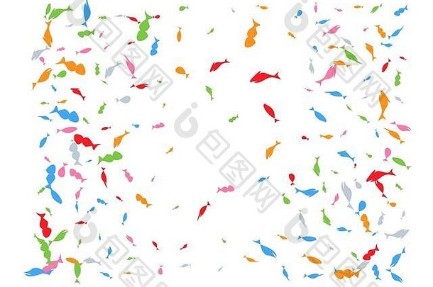 五彩纸屑新背景流行。彩色手绘鱼的概念。浅色背景的五彩纸屑。