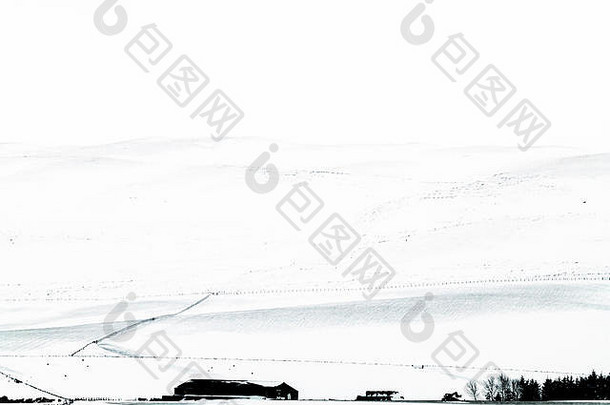 在苏格兰边境坎普敦附近的南里卡尔顿农场，越过白雪覆盖的风景。