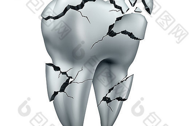 断牙牙科符号和牙痛牙科学概念：在一个孤立的白色背景上，单个破裂的受损磨牙。