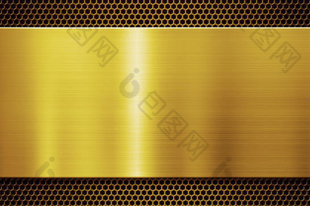 梳状格栅背景上的金色金属板3d插图
