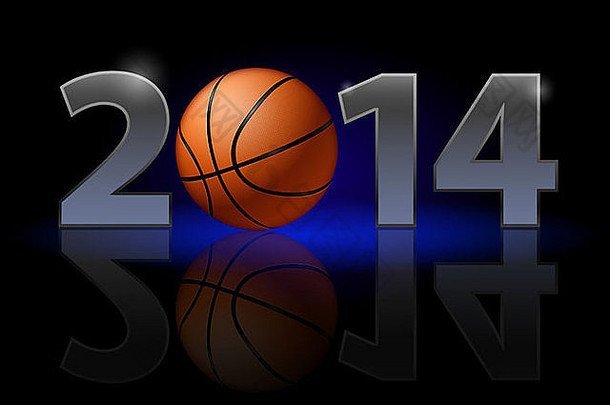 2014年新年：金属数字与篮球，而不是零有弱反射。黑色背景上的插图。