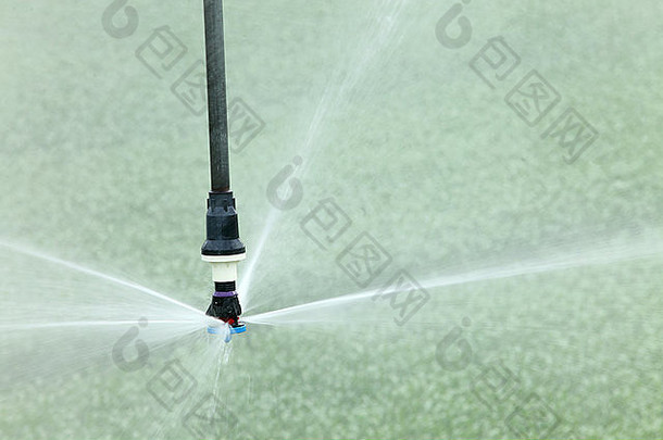 一个高科技农业洒水喷头的特写镜头灌溉农作物。