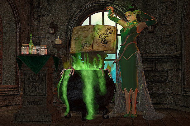 一个蛇巫婆在盛满绿色药剂和调味品的大锅上施下的咒语。