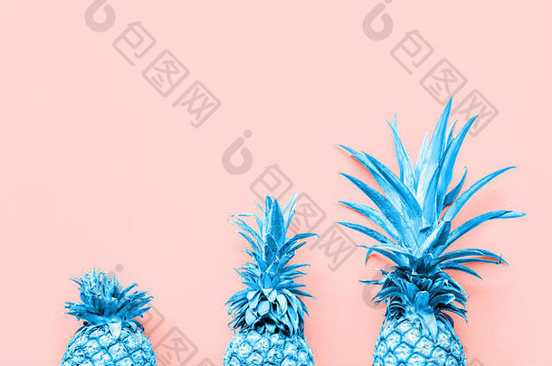 珊瑚色立体吊坠上富有创意的菠萝色调，可放置文字。流行的现代双色调背景。水平的