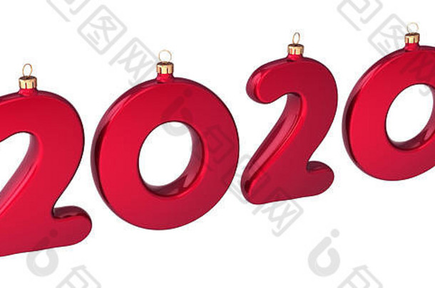 2020年新年二十件圣诞饰品红光闪闪。除夕快乐周年庆祝横幅。三维插图