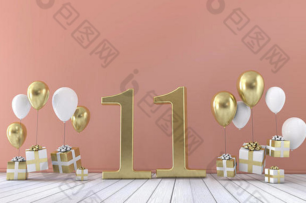 11号生日派对用气球和礼品盒组成。三维渲染