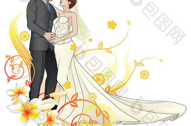 新娘和新郎看着对方的眼睛跳舞抽象的花卉背景