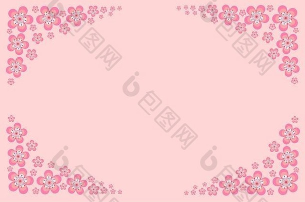 Hello spring bloom刻字花卉花环框架简约风格明信片插图。樱花意境季节灵感元素