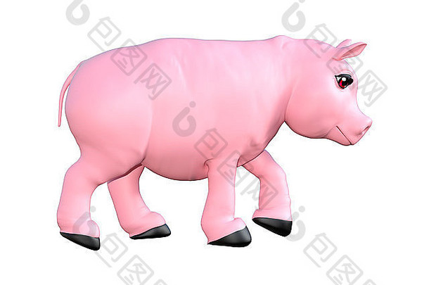白色背景上隔离的粉色玩具猪的3D数字渲染