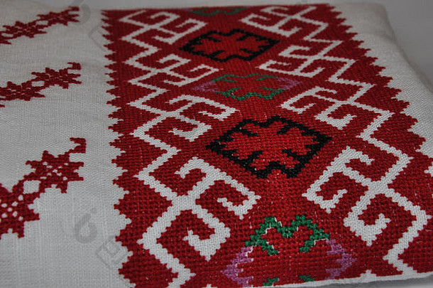 特写镜头传统的乌克兰刺绣产品亚麻织物刺绣交叉