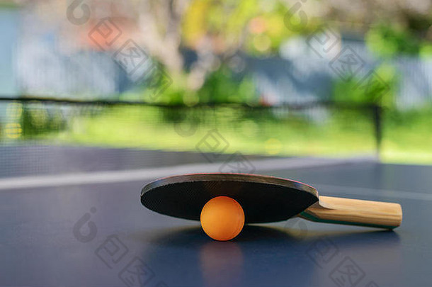 表格网球表格球拍橙色球蓝色的表格网安装后院房子澳大利亚浅景深焦点球