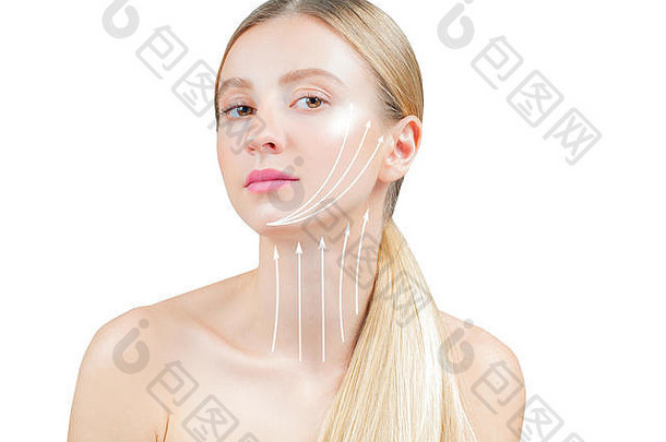 抗衰老治疗脸电梯脸提升美丽的女人完美的皮肤按摩行箭头脸脖子