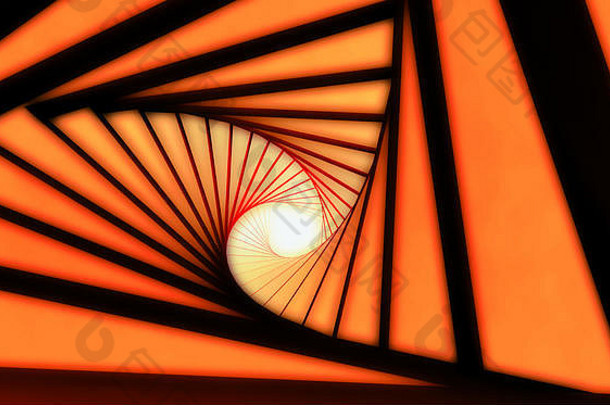 抽象扭曲的橙黑色隧道背景。三维渲染插图