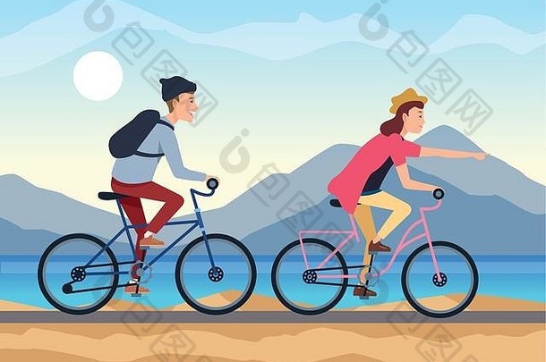 这对年轻夫妇骑自行车旅行
