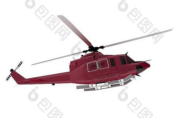 红色救援直升机被白色隔离。救援直升机3D渲染插图。