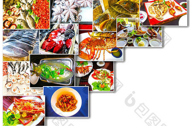 生鱼和餐厅菜肴的海鲜拼贴