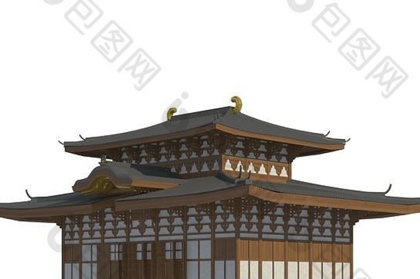 白色背景上隔离的日本房屋3d插图