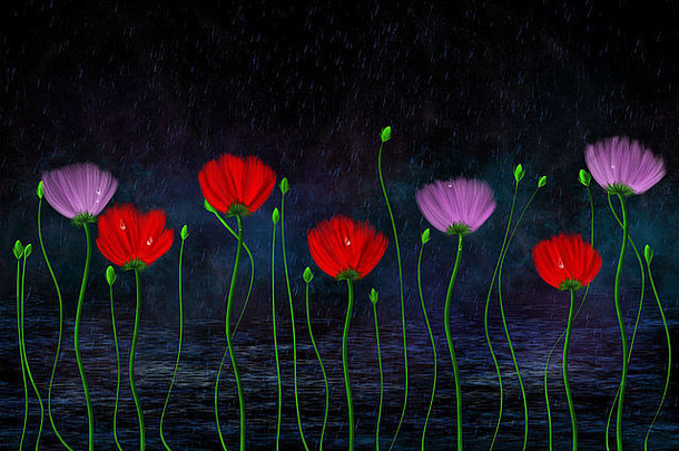 抽象的雨和花的芽和滴。绘画数字艺术。