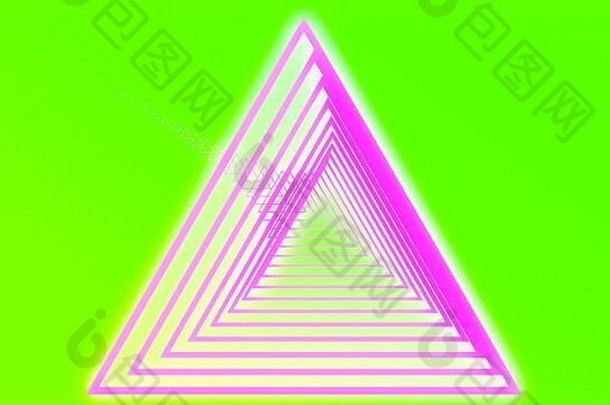 背景为绿色的抽象粉色霓虹灯三角形隧道