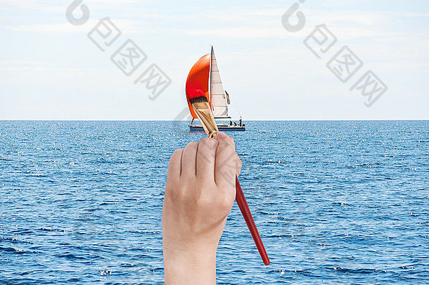旅行概念手画笔油漆红色的帆游艇蓝色的亚得里亚海海