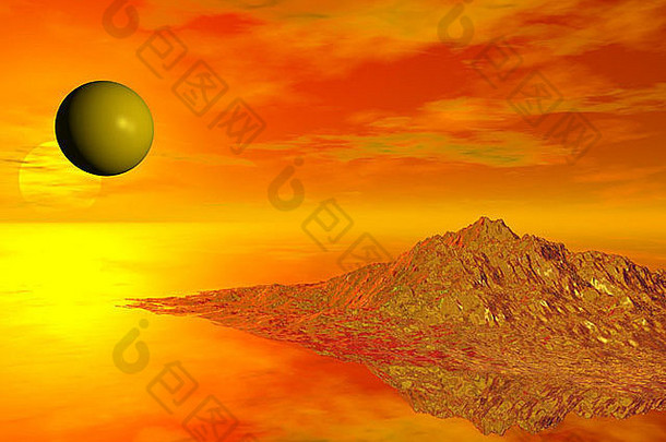 抽象计算机生成的图像：抽象背景下的黄球和岩石岛
