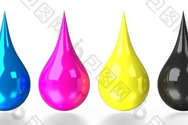 CMYK颜色，水滴-青色，品红色，黄色，黑色-3D插图