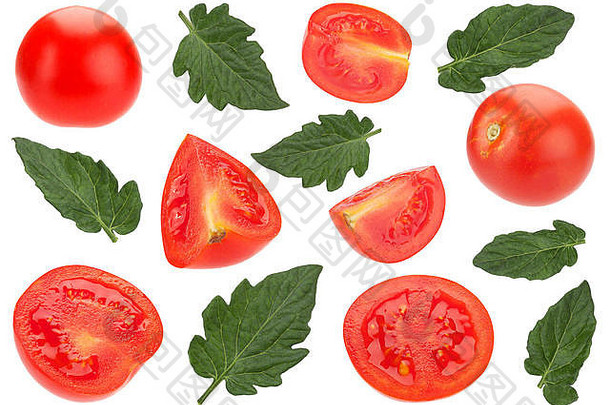樱桃番茄配叶菜，白色隔离