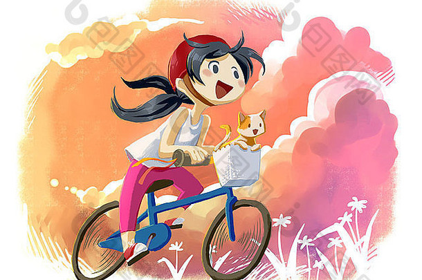 骑着猫的自行车的女孩的插图