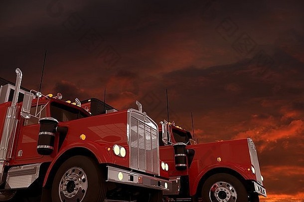 半卡车和红色风暴天空3D插图。卡车和空间背景。卡车运输和物流概念。
