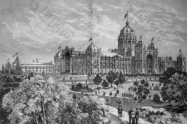 1880年在澳大利亚墨尔本举行的世<strong>界</strong>博览会国际<strong>艺术展</strong>览主楼，历史插图，约1886年