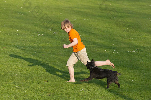 男孩运行狗草坪上