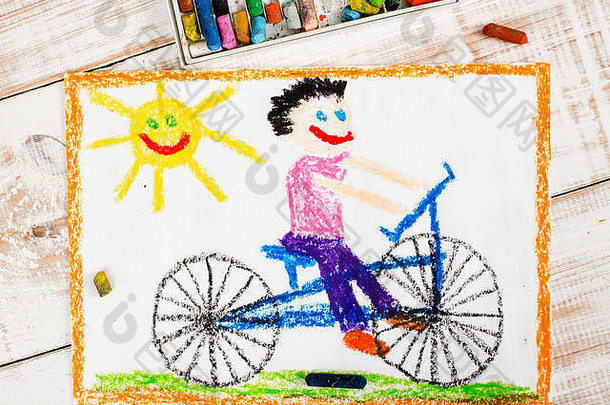 彩画：骑自行车的男孩