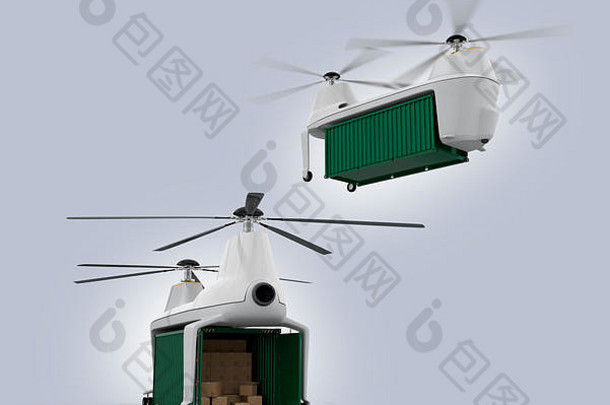 载着货柜的无人机在空中飞行。三维渲染图像