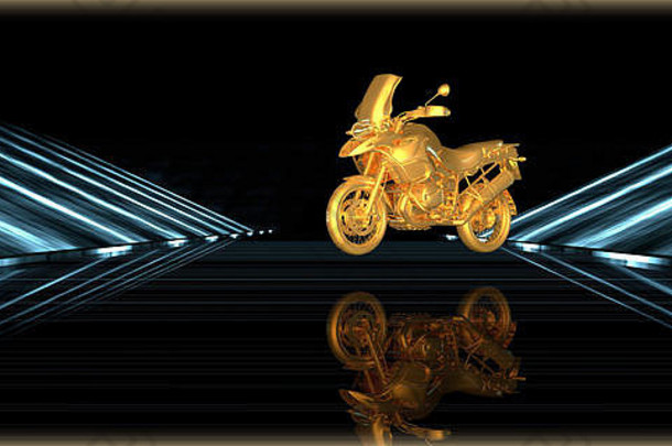 在黑暗背景下，在未来派道路中的金色物体的3d渲染