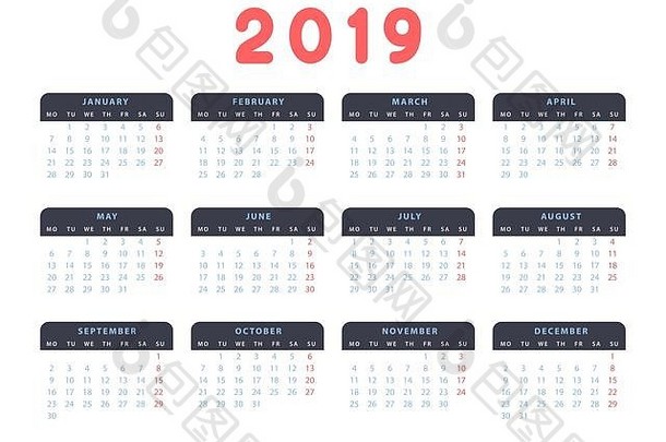 2019年的简单欧洲日历，本周从周一开始。