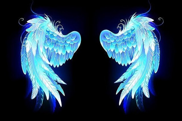 蓝色、发光、折叠、风格化的天使翅膀，黑色背景。