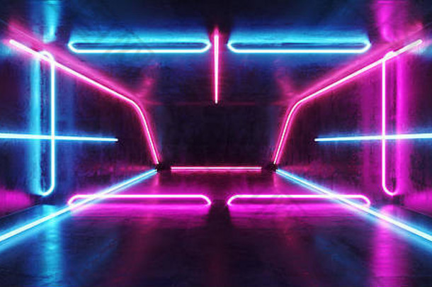 荧光动感霓虹灯未来科幻发光紫蓝色虚拟现实网络隧道混凝土垃圾地板房间大厅演播室舞台空白空间B